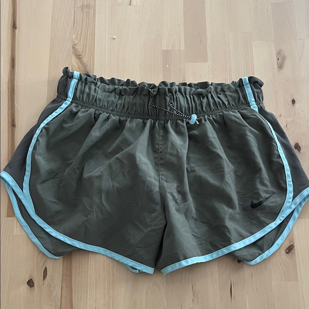 Nike Women's Athletic Shorts in Olive with Light Blue Trim
